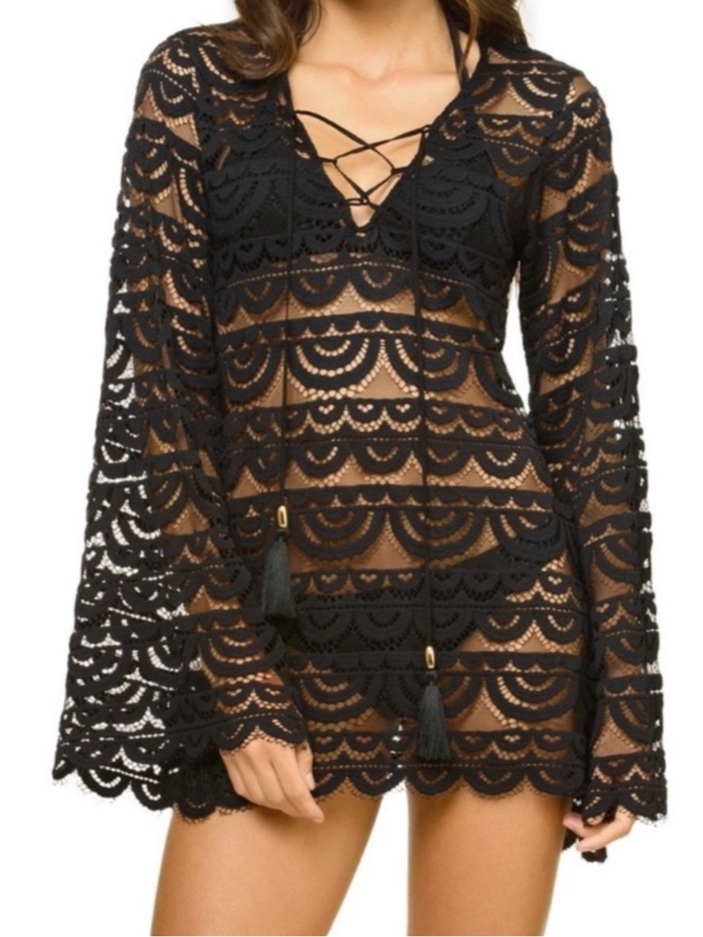 Pilyq Black Crochet Lace Swim Cover-Up with Lace-Up V-Neck M/L